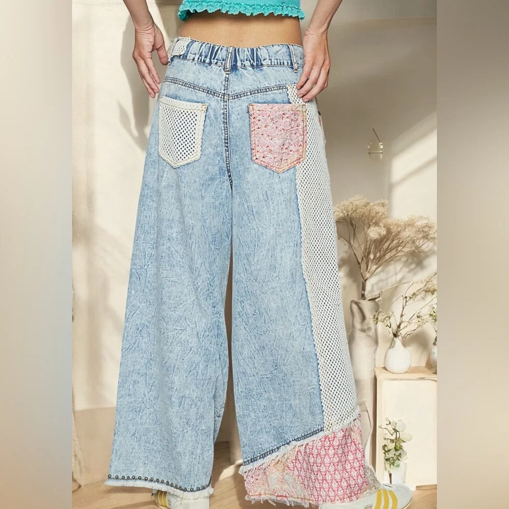POL Wide-Leg Carpenter Jeans | Metallic Studs Distressed Utility Denim. - Picture 5 of 10